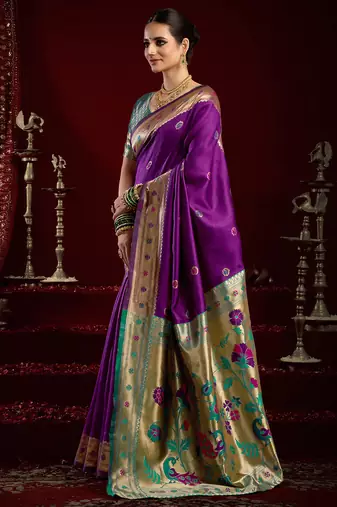 Purple silk blend butti weaving paithani saree