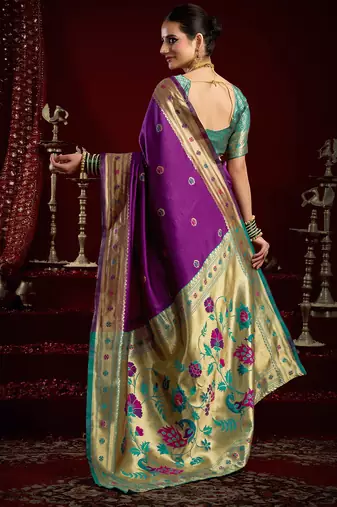 Purple silk blend butti weaving paithani saree