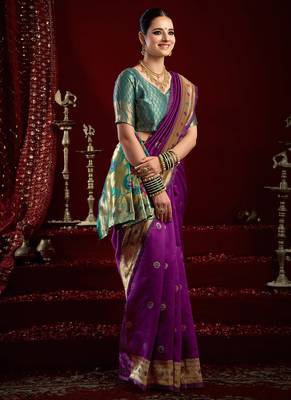 Purple silk blend butti weaving paithani saree 4
