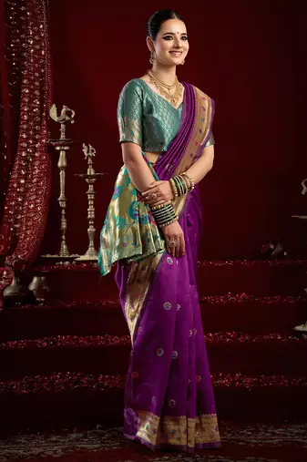 Purple silk blend butti weaving paithani saree