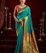 Aqua blue  silk blend butti weaving paithani saree