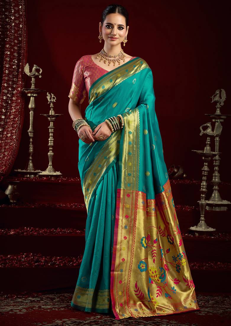 Aqua blue  silk blend butti weaving paithani saree