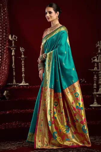 Aqua blue  silk blend butti weaving paithani saree