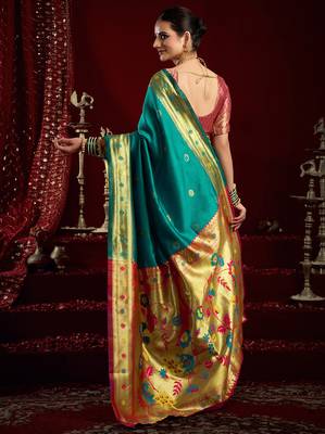 Aqua blue  silk blend butti weaving paithani saree 3
