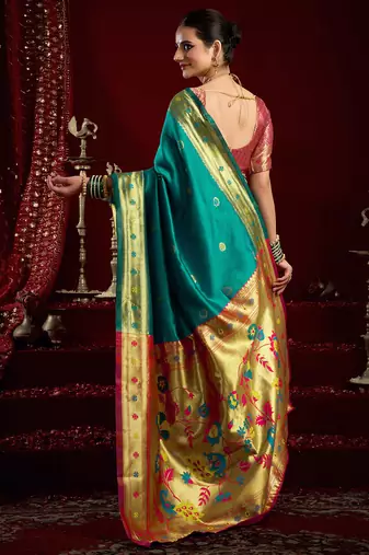 Aqua blue  silk blend butti weaving paithani saree