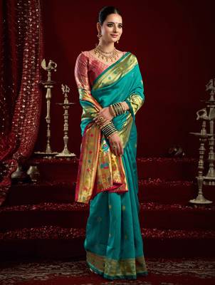 Aqua blue  silk blend butti weaving paithani saree 4