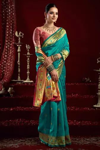 Aqua blue  silk blend butti weaving paithani saree