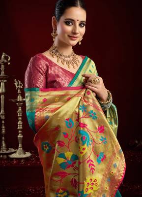 Aqua blue  silk blend butti weaving paithani saree 5