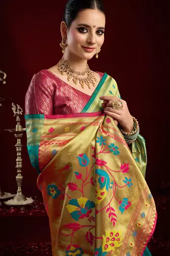 Aqua blue  silk blend butti weaving paithani saree