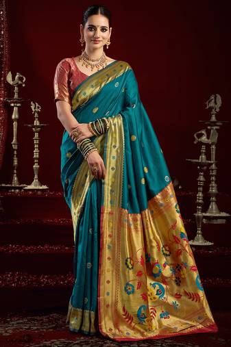 Teal silk blend butti weaving paithani saree