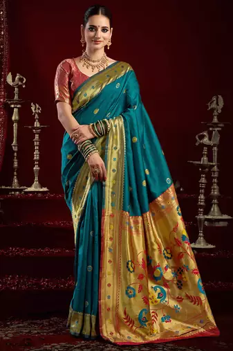 Teal silk blend butti weaving paithani saree