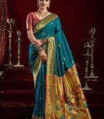 Teal silk blend butti weaving paithani saree