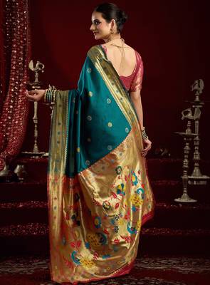 Teal silk blend butti weaving paithani saree 3