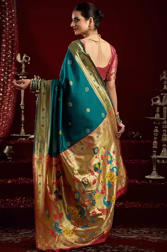 Teal silk blend butti weaving paithani saree