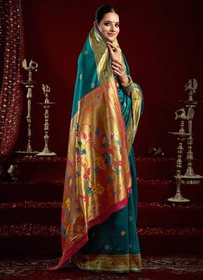 Teal silk blend butti weaving paithani saree 4