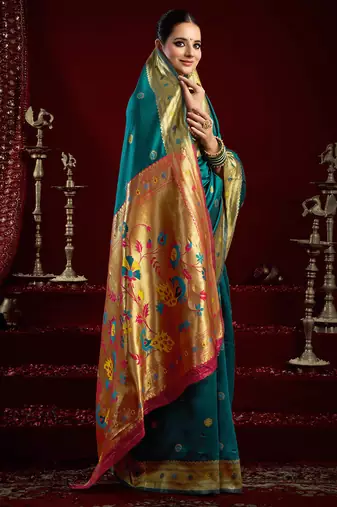 Teal silk blend butti weaving paithani saree