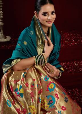 Teal silk blend butti weaving paithani saree 5