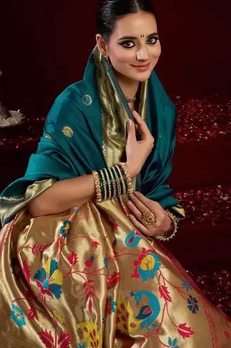 Teal silk blend butti weaving paithani saree