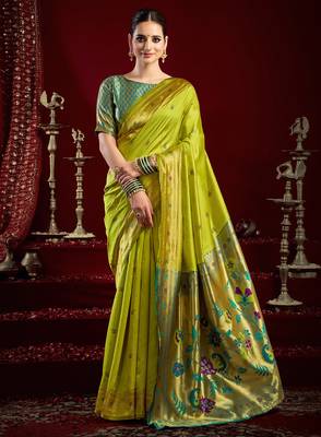 Mustard green silk blend butti weaving paithani saree 1