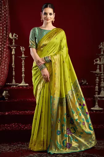 Mustard green silk blend butti weaving paithani saree