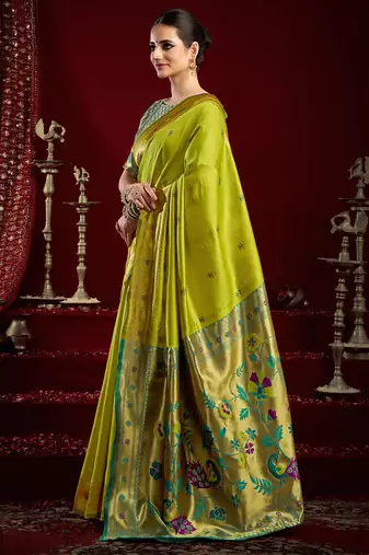 Mustard green silk blend butti weaving paithani saree