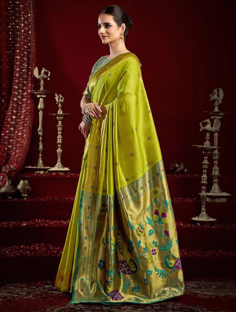 Mustard green silk blend butti weaving paithani saree