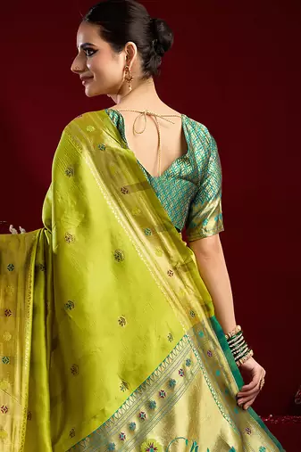 Mustard green silk blend butti weaving paithani saree