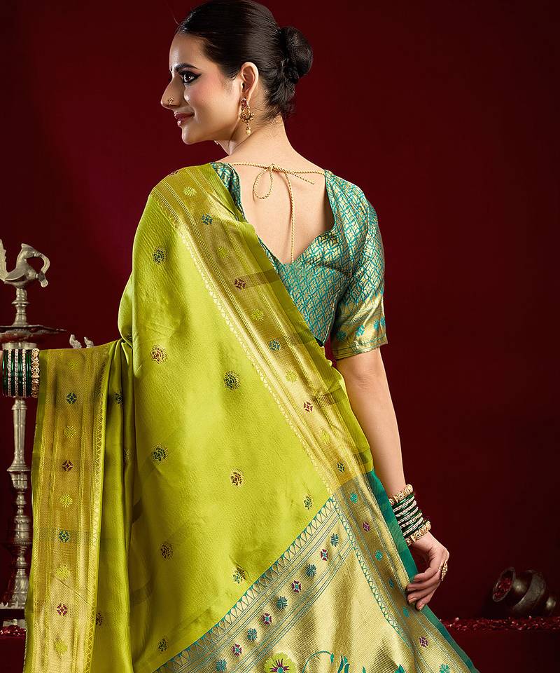 Mustard green silk blend butti weaving paithani saree