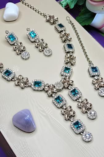 Elegant crystal floral necklace set with earrings  designer party wear jewelry