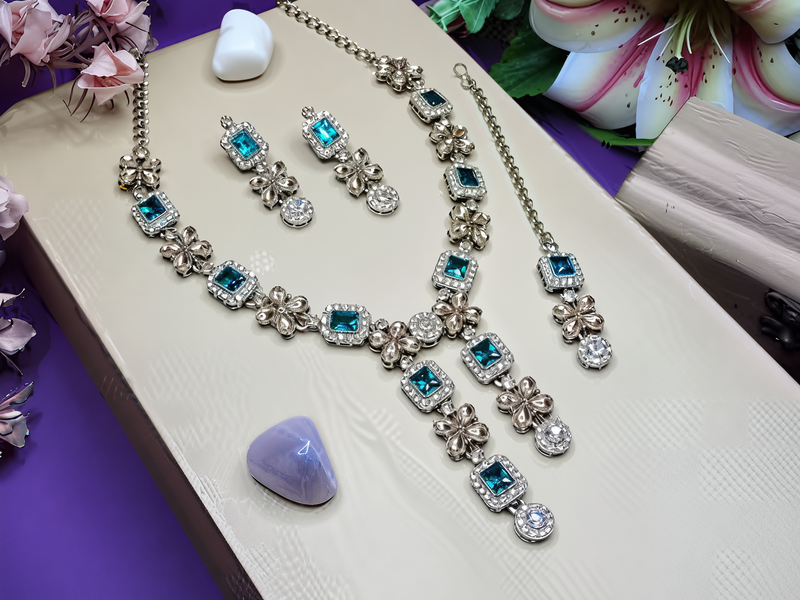 Elegant crystal floral necklace set with earrings  designer party wear jewelry