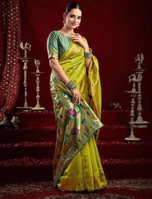 Mustard green silk blend butti weaving paithani saree 4