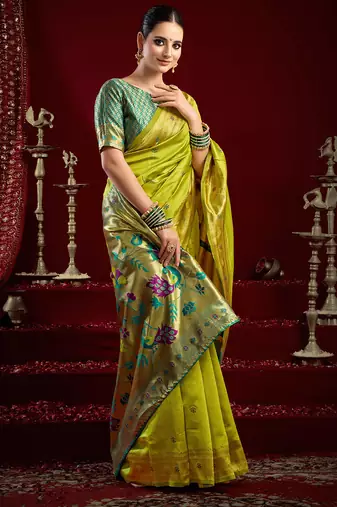 Mustard green silk blend butti weaving paithani saree