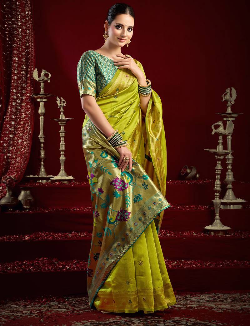 Mustard green silk blend butti weaving paithani saree