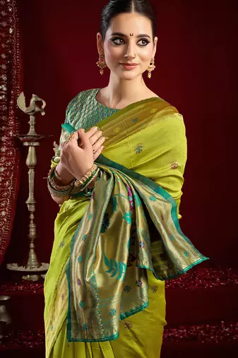 Mustard green silk blend butti weaving paithani saree