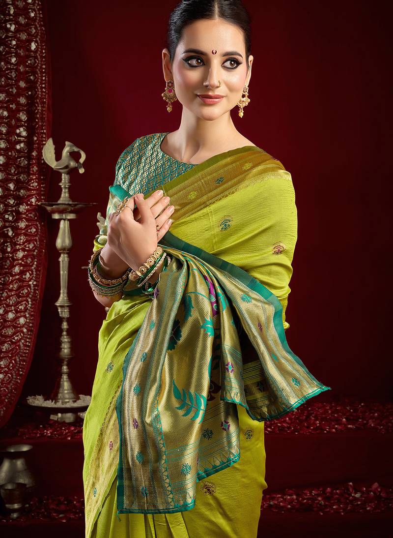 Mustard green silk blend butti weaving paithani saree