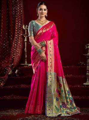 Pink silk blend butti weaving paithani saree 1