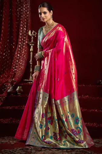Pink silk blend butti weaving paithani saree