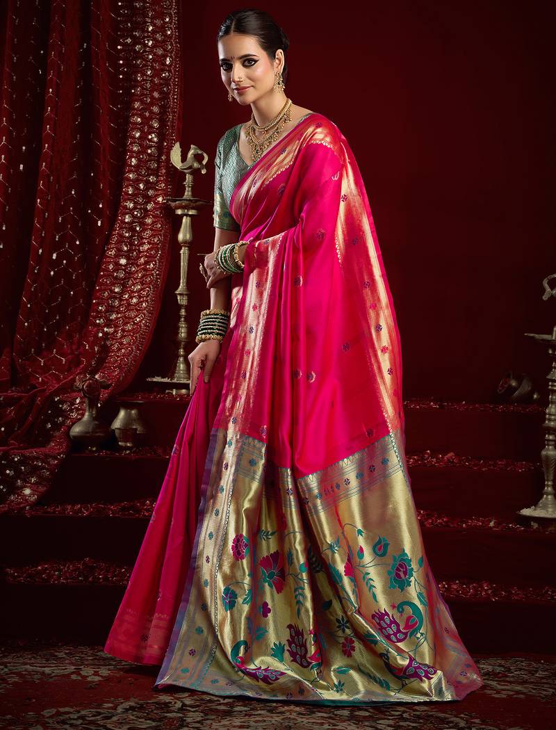 Pink silk blend butti weaving paithani saree