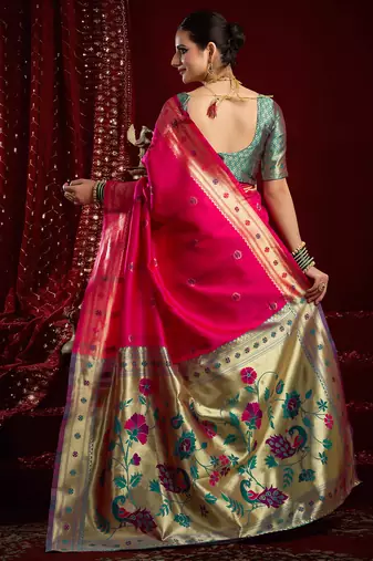 Pink silk blend butti weaving paithani saree