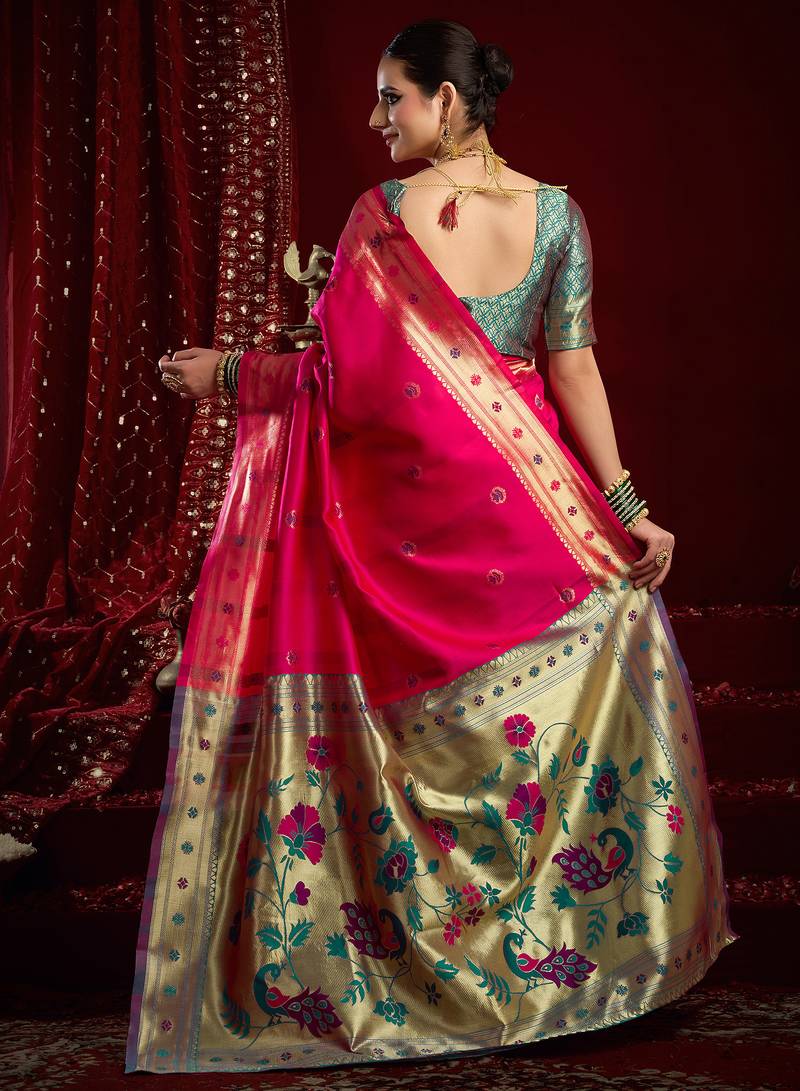 Pink silk blend butti weaving paithani saree