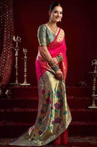 Pink silk blend butti weaving paithani saree