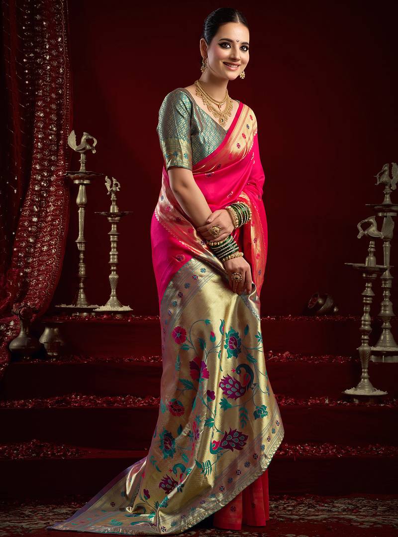 Pink silk blend butti weaving paithani saree