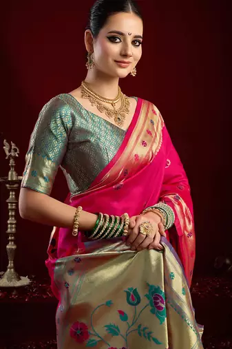 Pink silk blend butti weaving paithani saree
