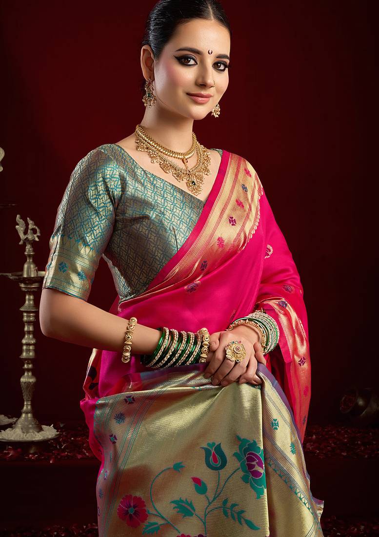 Pink silk blend butti weaving paithani saree