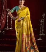 Yellow silk blend butti weaving paithani saree