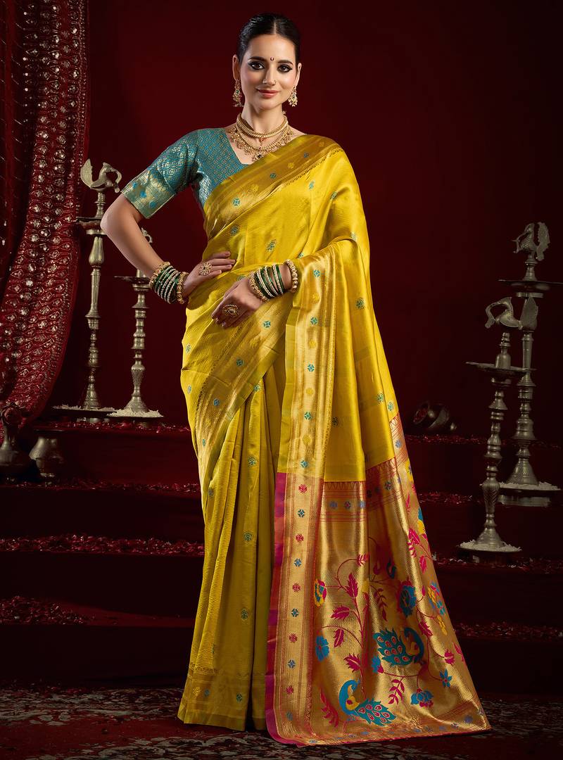 Yellow silk blend butti weaving paithani saree