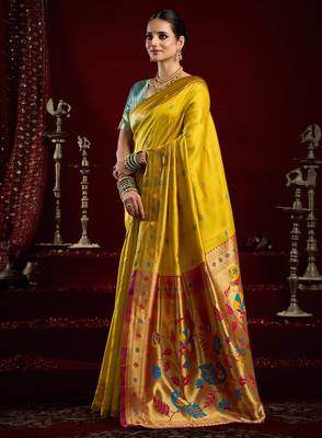 Yellow silk blend butti weaving paithani saree 2