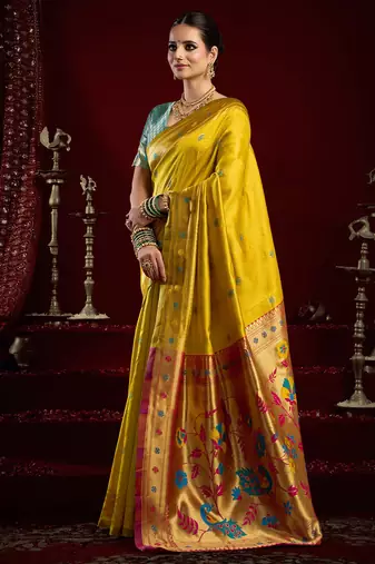 Yellow silk blend butti weaving paithani saree