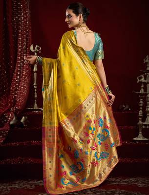 Yellow silk blend butti weaving paithani saree 3