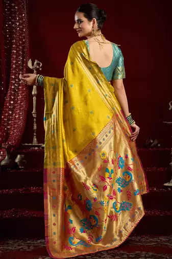 Yellow silk blend butti weaving paithani saree
